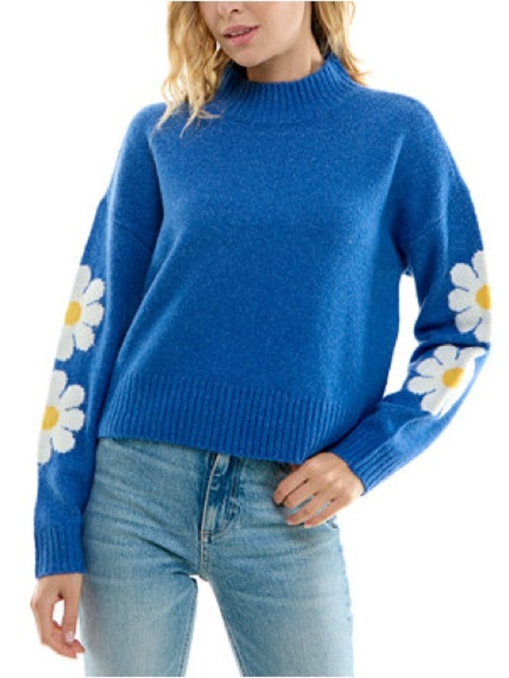 Ultra Flirt Blue Daisy Sleeve Turtleneck Sweater